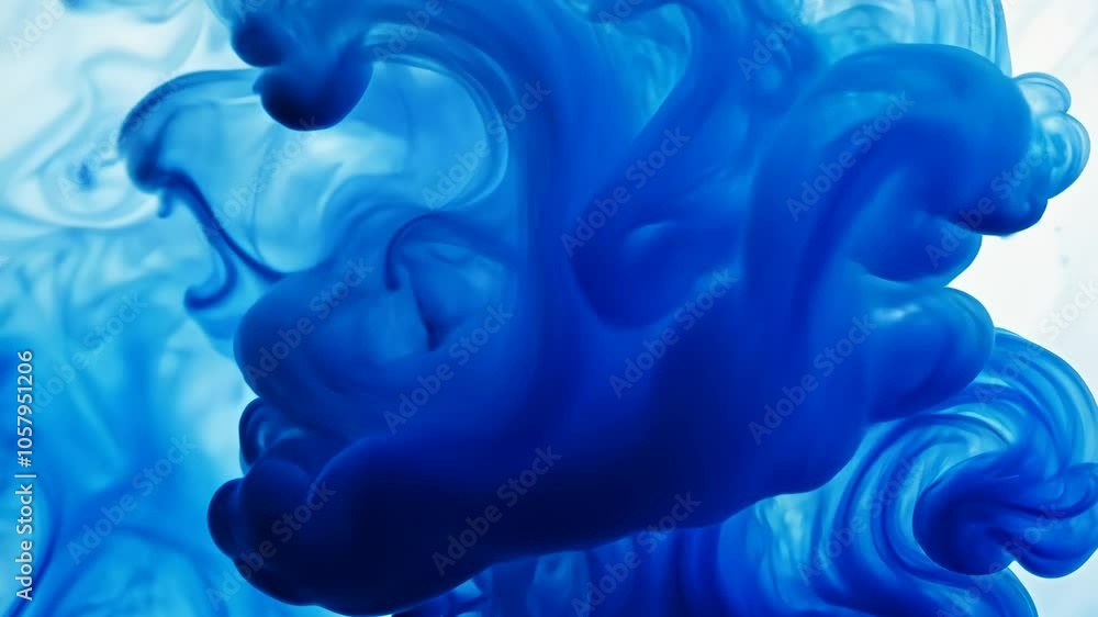 Poster blue ink swirls and dances in a clear liquid, creating abstract shapes and patterns