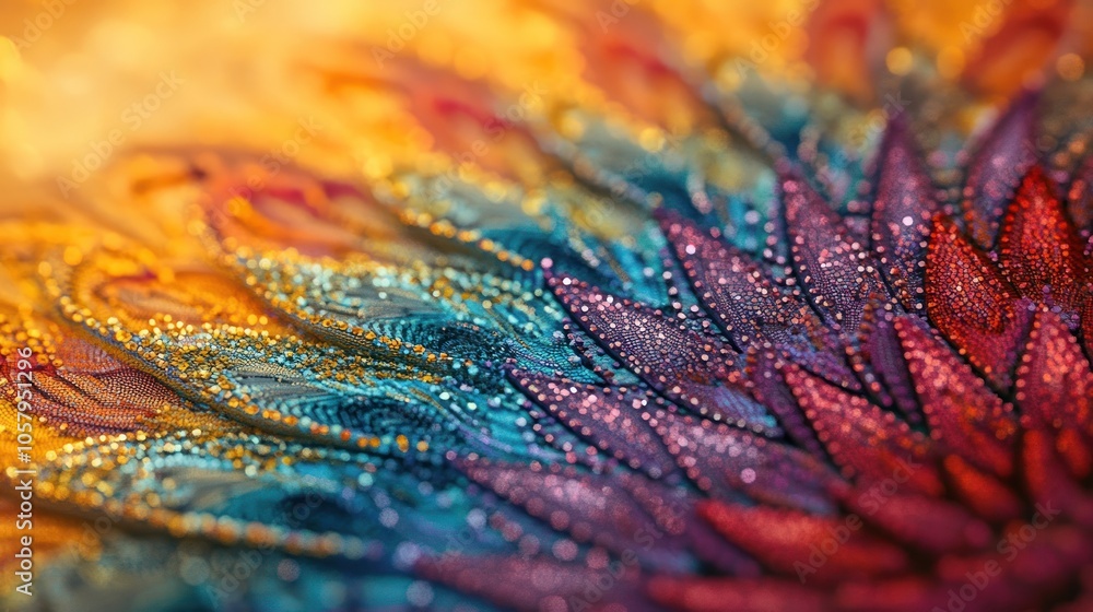 Poster close-up of a colorful fabric with sparkling sequins arranged in a radial pattern.