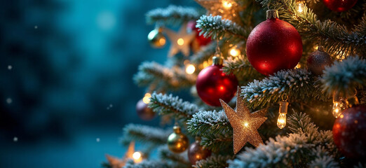 Christmas lights, stars and red baubles hanging on fir branches in abstract navy blue blurred background.