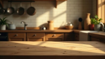 Cozy kitchen interior with natural light streaming through windows in the late afternoon. Empty space