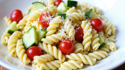 A plate of penne pasta with fresh vegetables.
