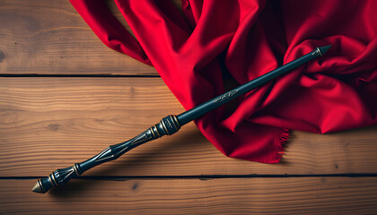 Beautiful black magic wand and red fabric on wooden table, top view. Space for text isolated with white highlights, png