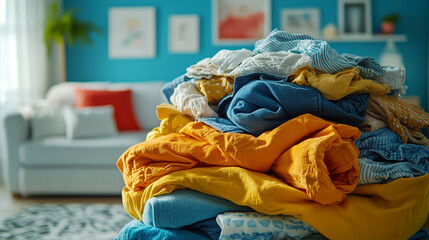 mountain of old laundry piled high, resembling a hilltop, symbolizes the burden of daily chores and the passage of time. It invites reflection on domestic life and the weight of responsibilities