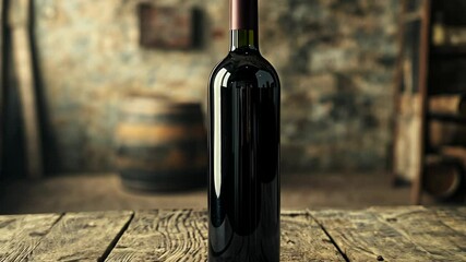 A bottle of red wine stands on a weathered wooden table in an old cellar