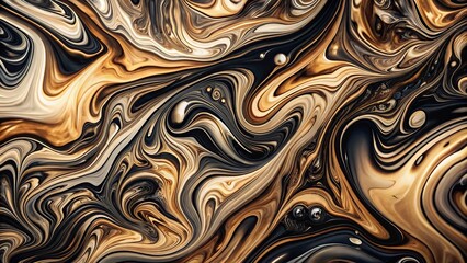 Macro abstract liquid stains with chrome highlights in black and beige colors