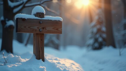 Naklejka premium A wooden sign covered in snow amidst a serene winter forest at sunrise