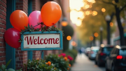 A vibrant welcome sign adorned with balloons on a charming street during a sunny afternoon in autumn