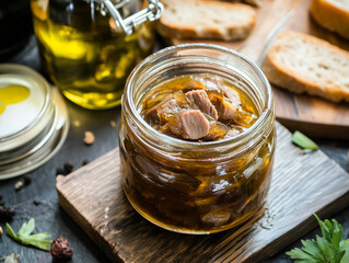Marinated meat in a glass jar with olive oil and bread slices