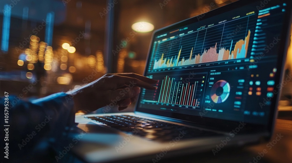 Aufkleber analyzing data on laptop with colorful graphs