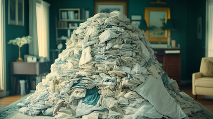 mountain of old laundry piled high, resembling a hilltop, symbolizes the burden of daily chores and the passage of time. It invites reflection on domestic life and the weight of responsibilities