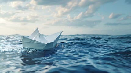 Obraz premium A small white paper boat is floating on the vast ocean. The boat is being carried away by the waves. The sky is blue and cloudy.