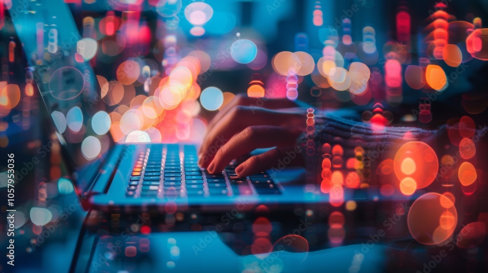 Poster typing on laptop with abstract bokeh lights overlay