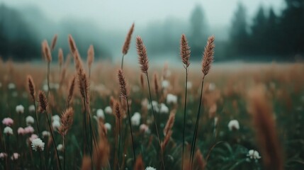 Close-up of wild grass and flowers in a foggy meadow with blurred forest background