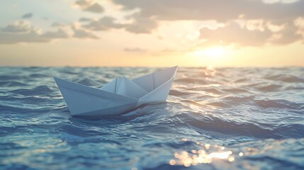 A paper boat floating on the water. The boat is white and the water is blue. The sun is setting in the background and the sky is orange.