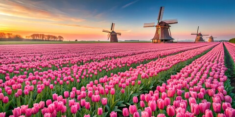 Macro photo of pink tulips and Dutch windmills in a picturesque field