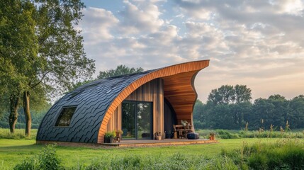 Modern curved house in a lush green landscape under a cloudy sky.