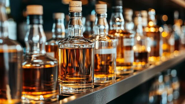 A row of glass bottles filled with amber liquid sits on a shelf in a bar or liquor store
