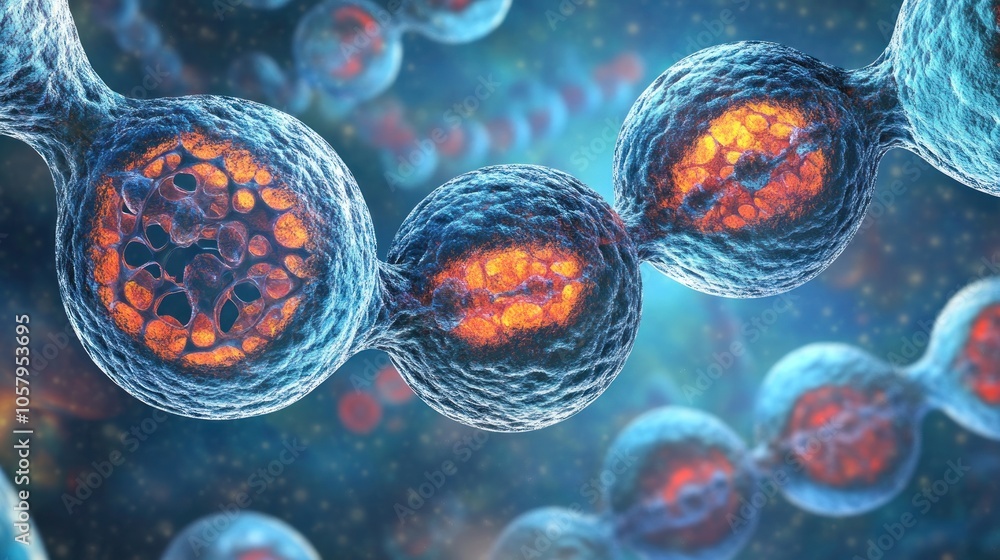 Poster a close-up view of interconnected cells, highlighting biological structures and processes.