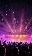 Energetic Concert Crowd Under Stage Lights, Confetti Falling During Atmospheric Music Event