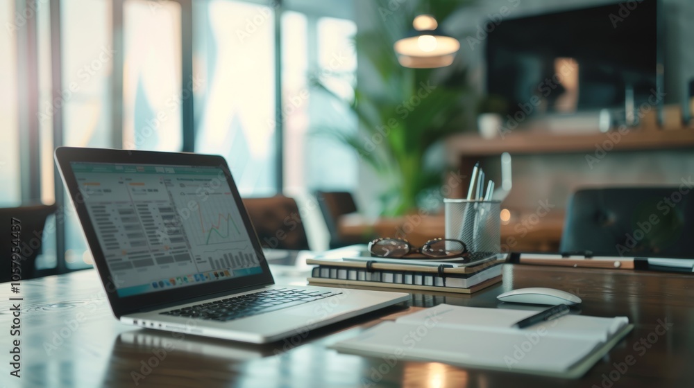 Poster modern workspace with laptop displaying data analysis