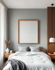 Interior view of contemporary bedroom with frame mockup on the wall	