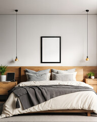 Interior view of contemporary bedroom with frame mockup on the wall	