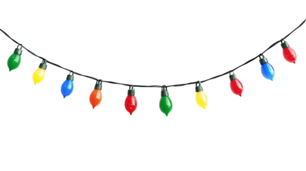 String of colorful holiday Christmas lights isolated on transparent background