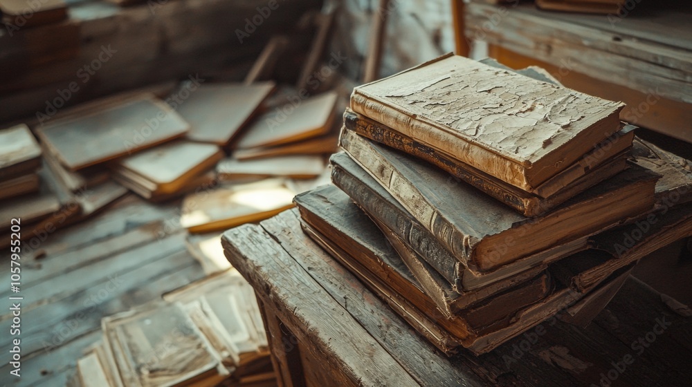 Poster stack of vintage books in rustic library setting