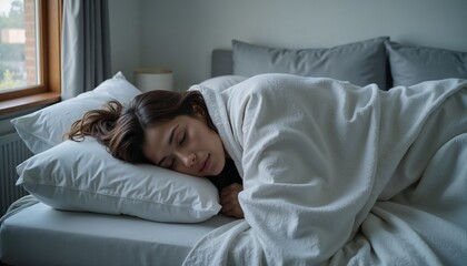 Bed rest Young woman sleeping  in a cozy bed, wrapped in a blanket