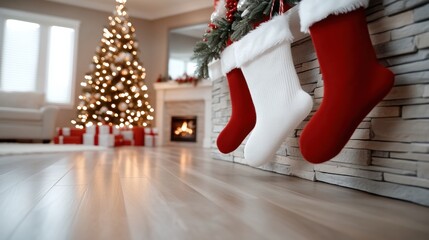 Christmas stockings hang by a cozy fireplace, with a glowing tree and gifts nearby, AI