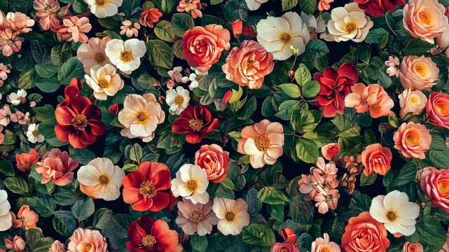 A vibrant display of pink, white, and red roses blooms in a lush garden