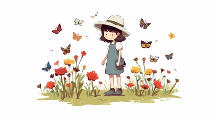 A young girl in a hat enjoys a colorful garden filled with butterflies and vibrant flowers.
