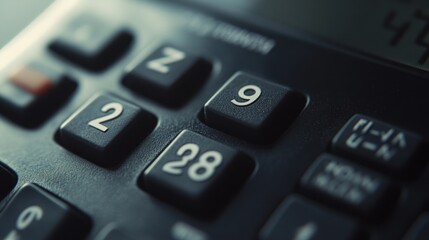 Close-up of a black calculator with numbers 2, 9, and 28 visible.