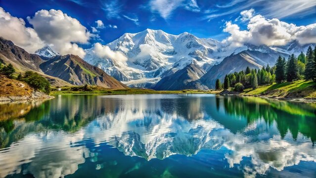 Marvelous landscape of lake, mountains, Nanga Parbat, clouds in blue sky