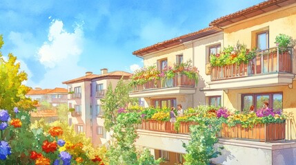 Fototapeta premium A vibrant scene of colorful balconies adorned with flowers under a bright sky.