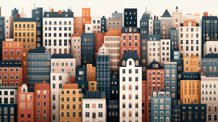 Illustration of colorful urban skyline with a variety of geometric buildings in different shapes and sizes, featuring diverse architectural styles and muted color palette.