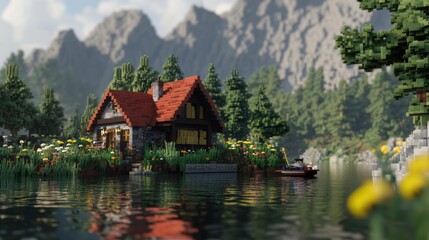 Naklejka premium Cabin by the Lake in a Mountainous Landscape