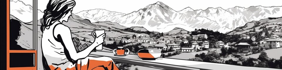 Woman enjoys coffee with a stunning mountainous village view.