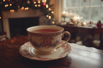 Fototapeta premium A cup of tea sits on a saucer on a table