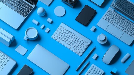 Flat lay of modern tech accessories on blue background