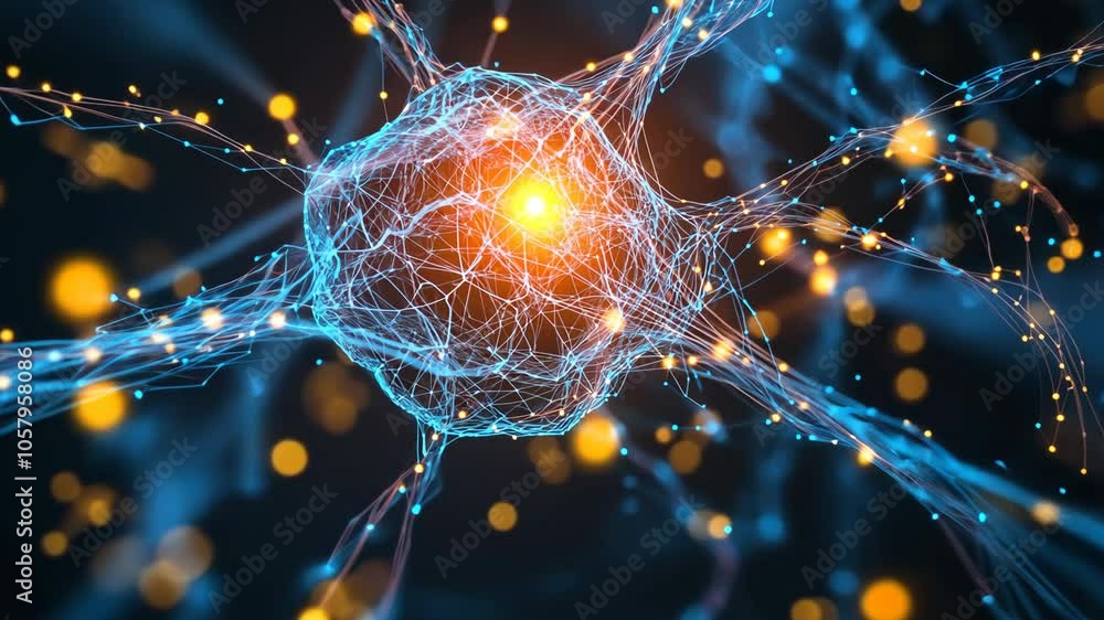 Poster a detailed rendering of a neuron, a nerve cell, with its intricate network of connections