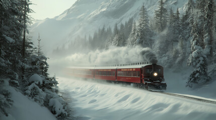 Naklejka premium Christmas Santa northpole express train running thru snow storm blizzard outside with steam, Christmas lights and spirits, beautiful night, full of joy, magical moment, xmas holidays