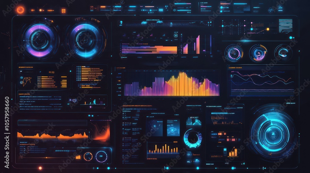 Poster futuristic hud interface with various data visualizations