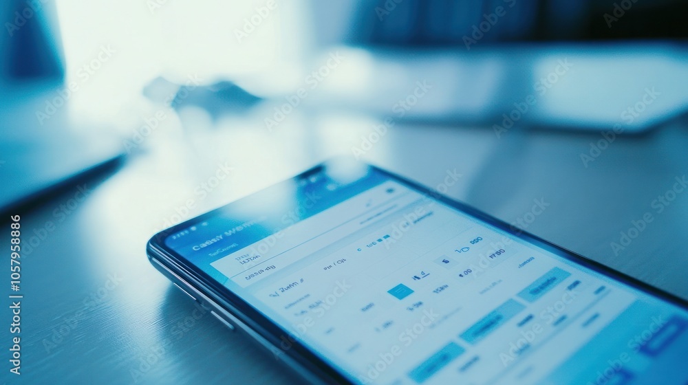 Poster closeup of a smartphone displaying a financial app on a table.
