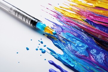 Obraz premium Paintbrush injecting vibrant blue and yellow paint symbolizing creativity abstract art and expressive painting techniques in colorful and artistic setting