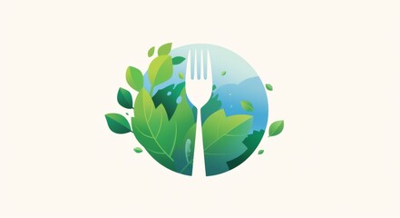 Obraz premium logo design for a food company featuring a green and blue color scheme. The logo showcases a fork in the center, surrounded by leaves 