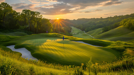 Fototapeta premium a picturesque golf course at sunset, featuring a smooth green putting surface with a flag gently waving in the breeze.