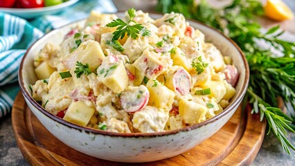 Delicious homemade potato salad with fresh herbs and vegetables served in a bowl on a wooden board