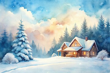 Naklejka premium Minimalist and cozy winter art watercolor background with image of a villa