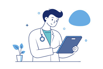 Line Art of a Medical Professional Analyzing Patient Data on a Tablet